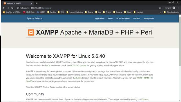 konfigurasi XAMPP di Fedora, sudah berhasil diakses melalui peramban klien.